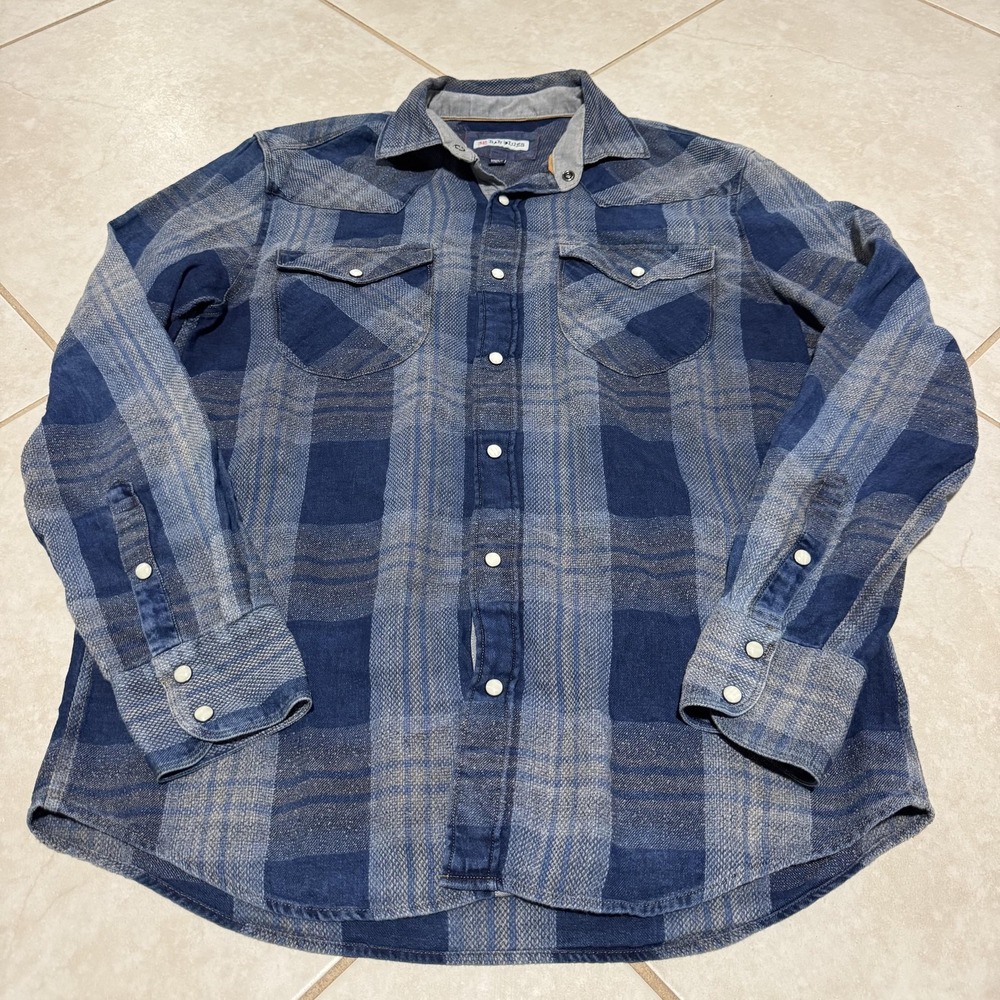 32 Bar Blues Shirt Mens Small Blue‎ Gray Plaid Western Pearl Snap Long Sleeve